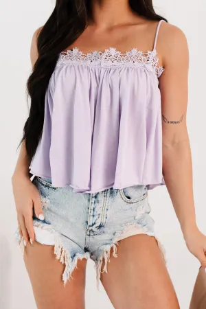 Multi Directional Stretch Lavender Dreams Crochet Lace Cami Top (Lavender)