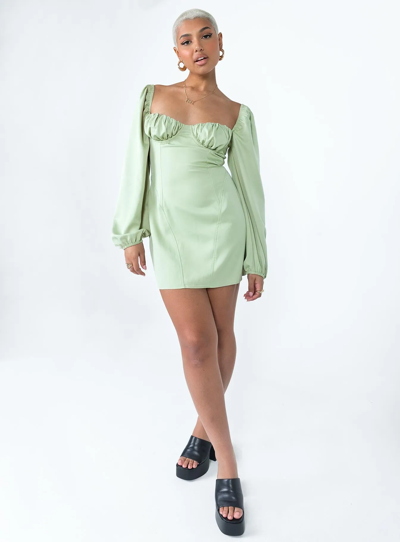 Be Mine Long Sleeve Mini Dress Green Edge Glow
