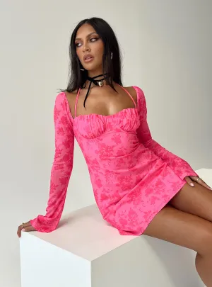 Shine Glow Dyer Sheer Sleeve Mini Dress Pink Floral