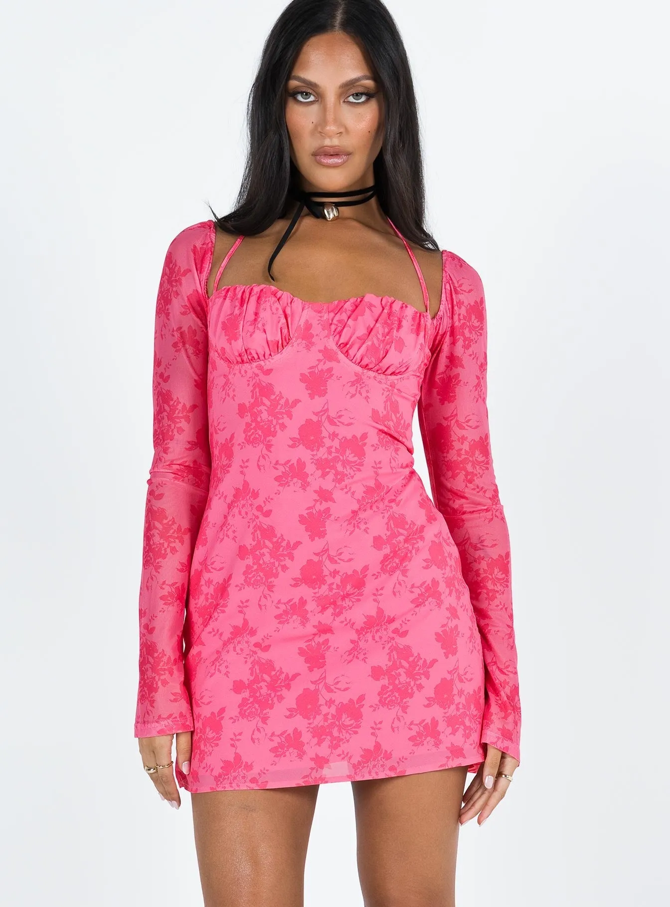 Street Look Dyer Sheer Sleeve Mini Dress Pink Floral