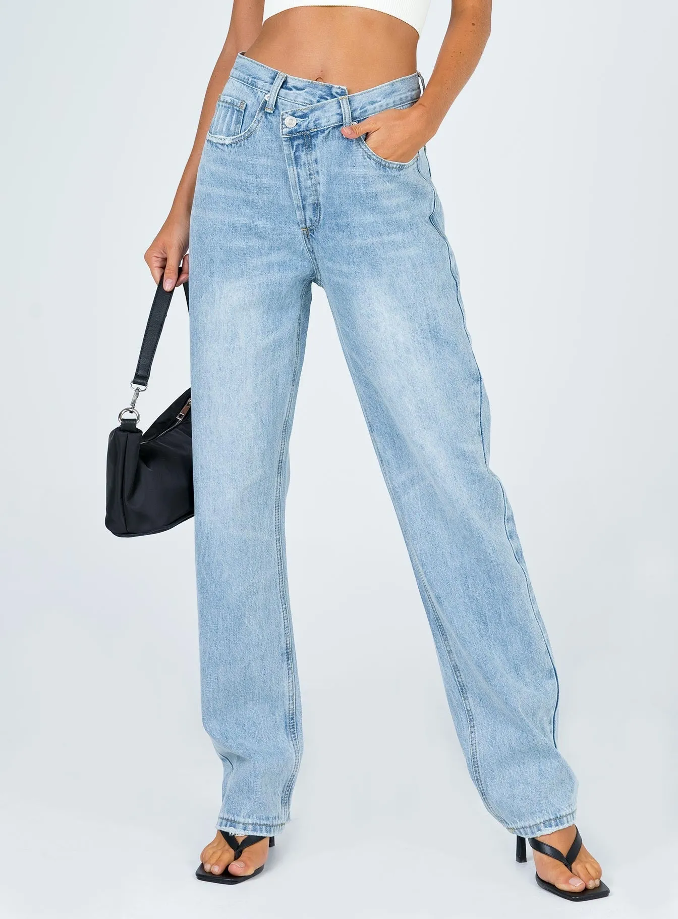 Holly Asymmetric Straight Leg Jean Light Wash Denim Petite Shrink Resistant Denim