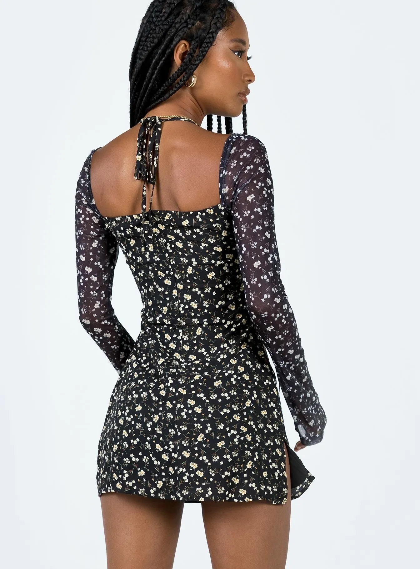 Trendy Outfit Dyer Sheer Sleeve Mini Dress Black Floral