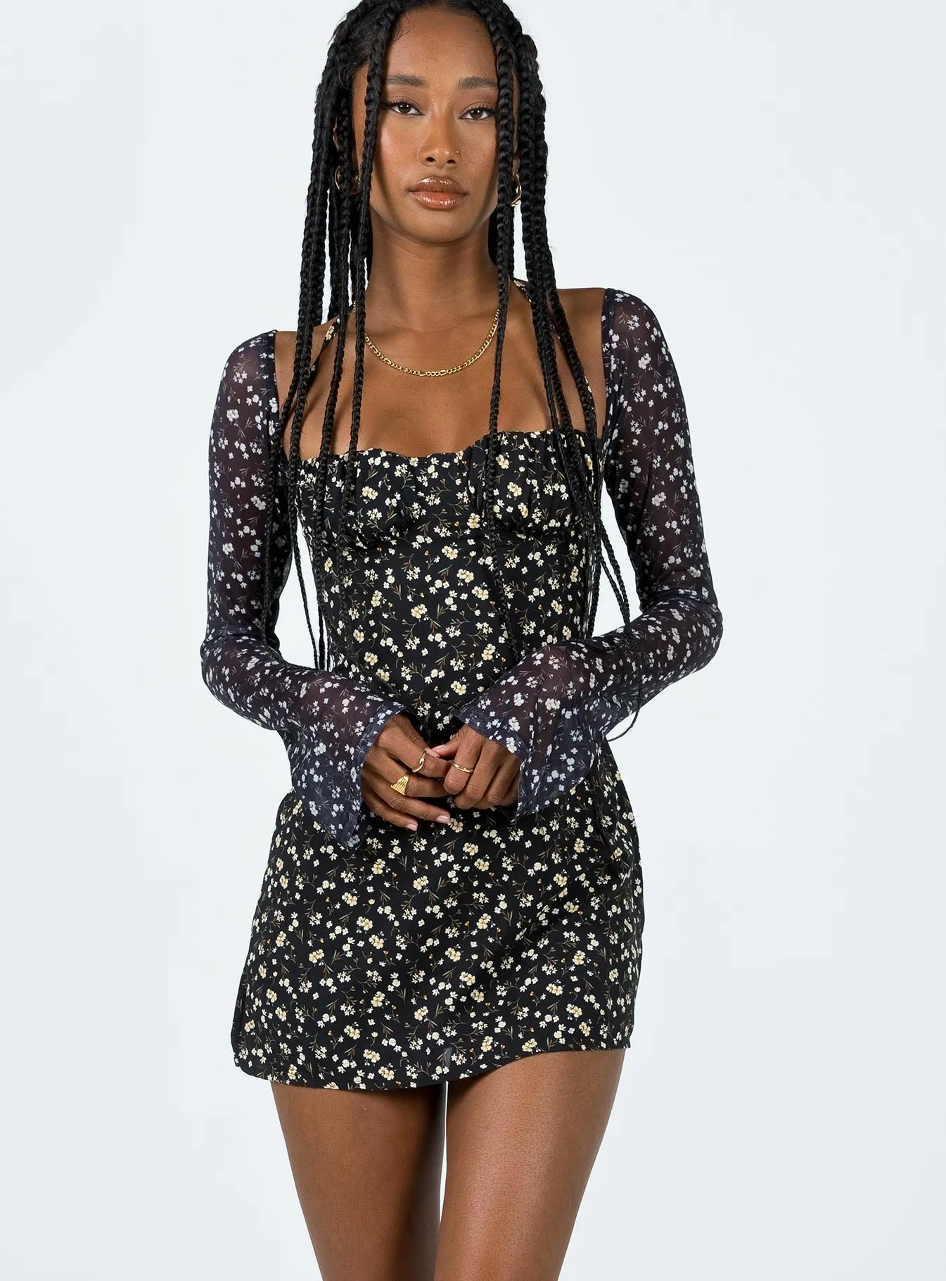 Dyer Sheer Sleeve Mini Dress Black Floral Stage Rush