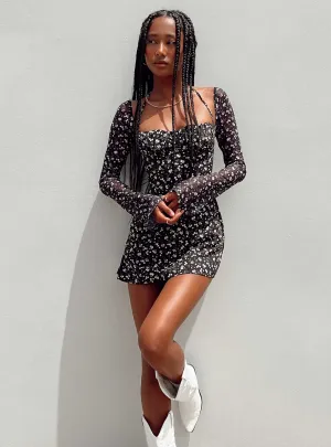 Edge Mode All Day Comfort Dyer Sheer Sleeve Mini Dress Black Floral