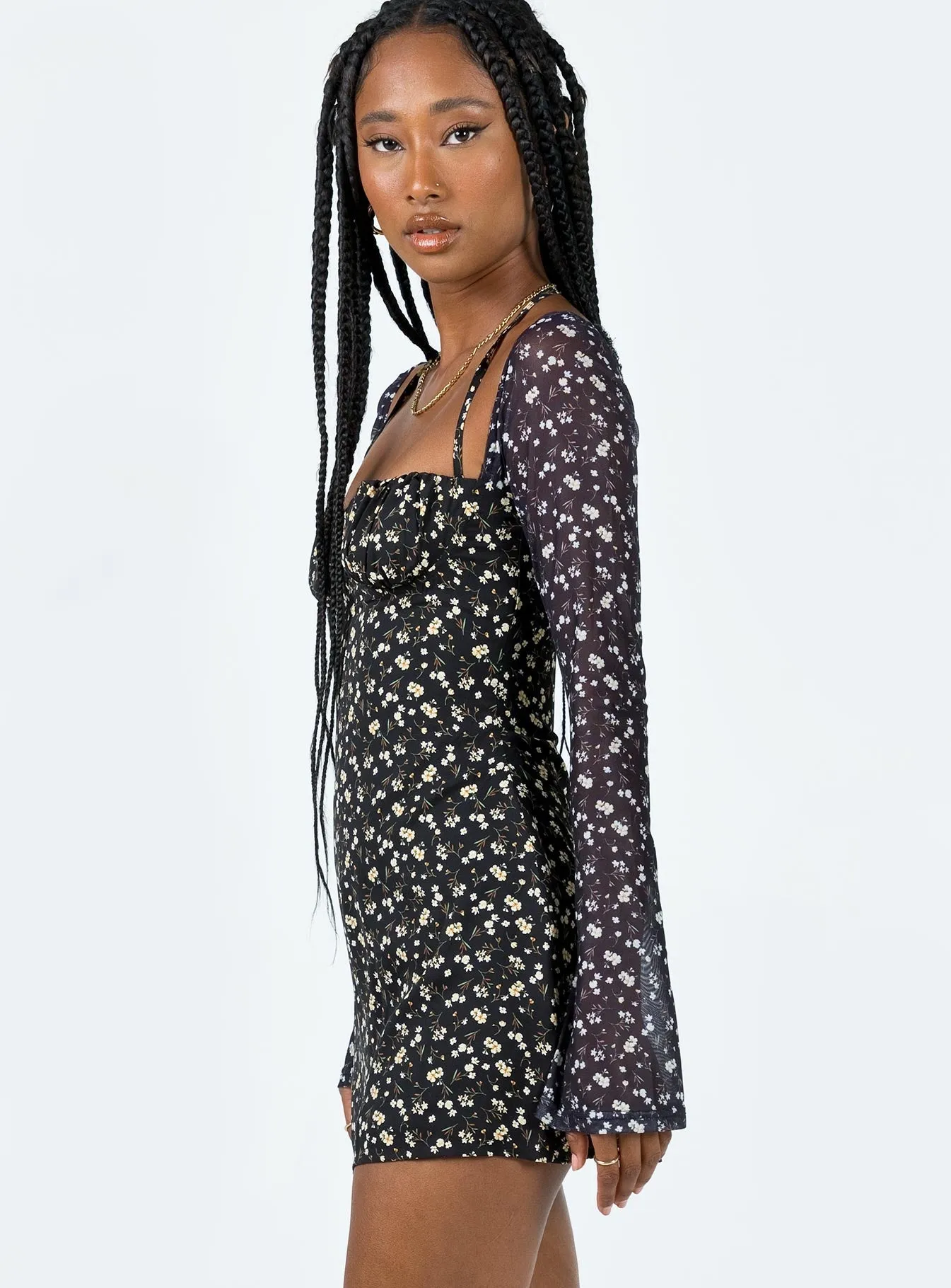 Beat Fresh Versatile Look Dyer Sheer Sleeve Mini Dress Black Floral