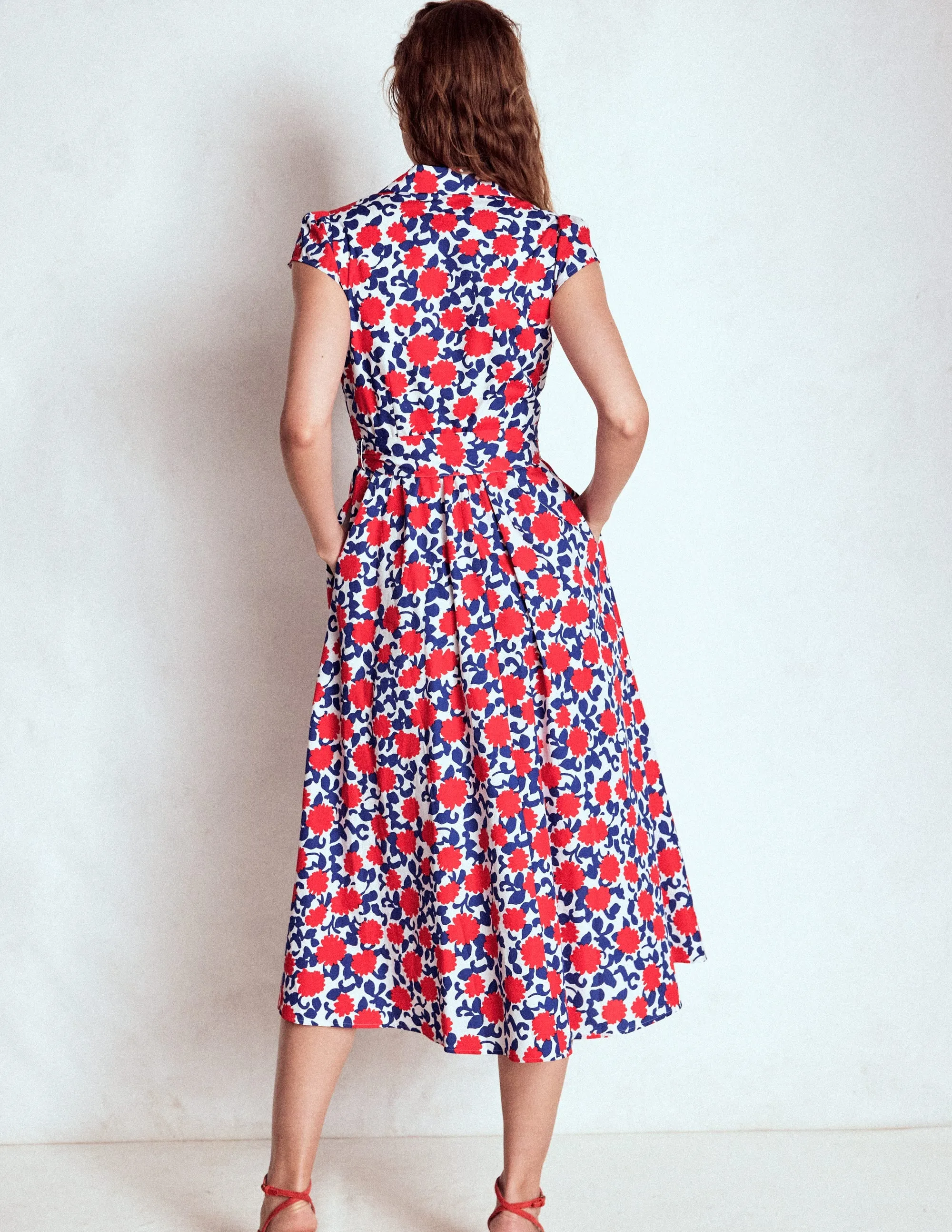 Julia Cotton Wrap Midi Dress-Poppy Red, Floweret Vine Haze Light Garden Stroll