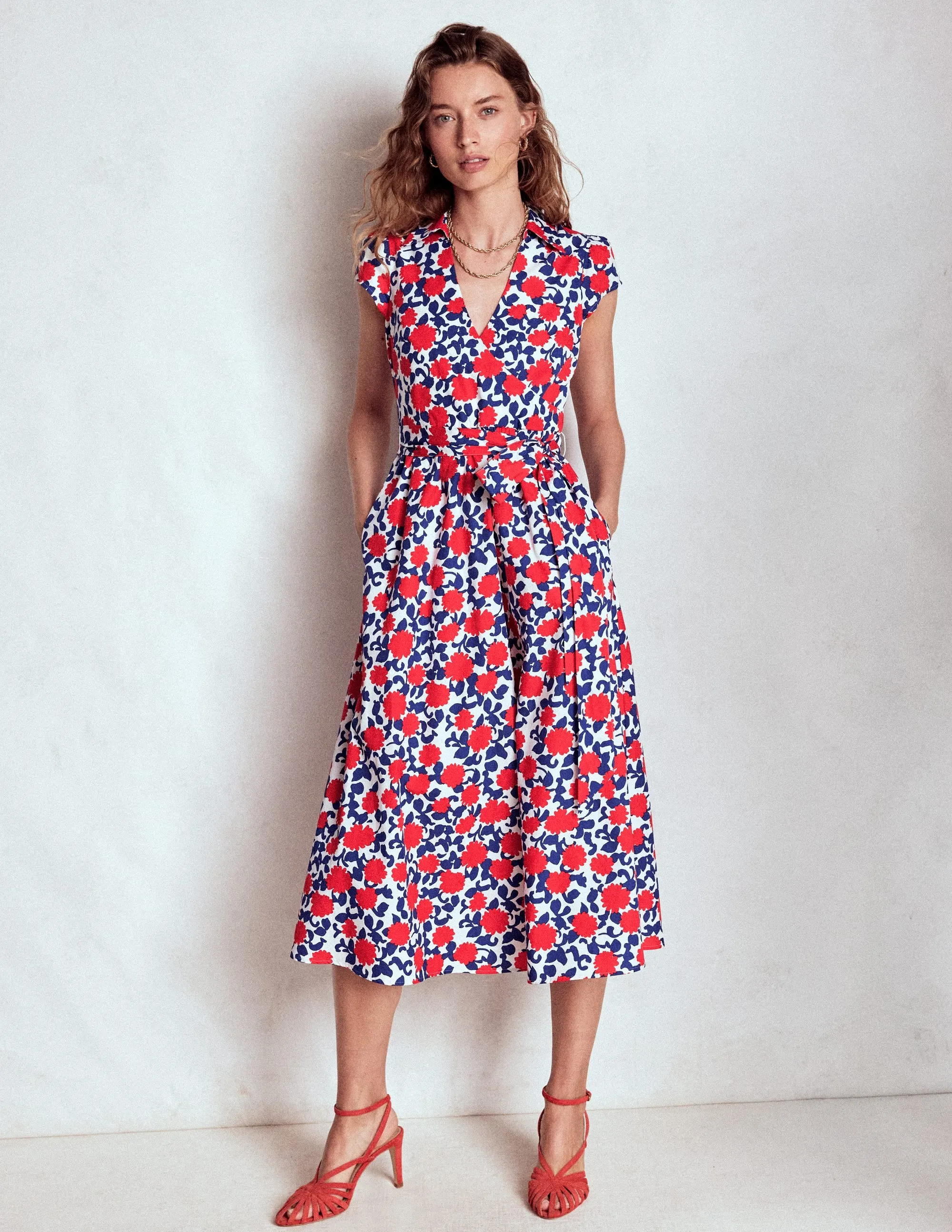 Fashionable details Julia Cotton Wrap Midi Dress-Poppy Red, Floweret Vine