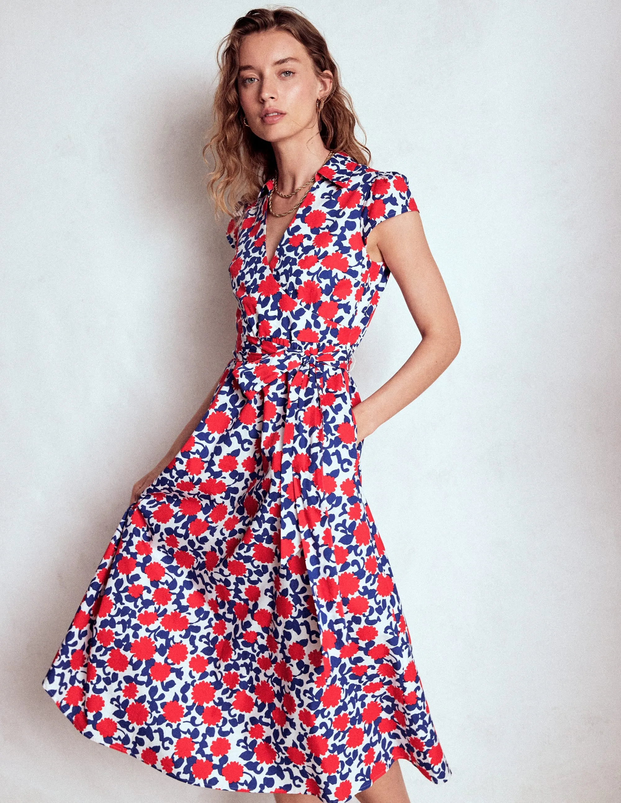 Julia Cotton Wrap Midi Dress-Poppy Red, Floweret Vine Elegant Vibe