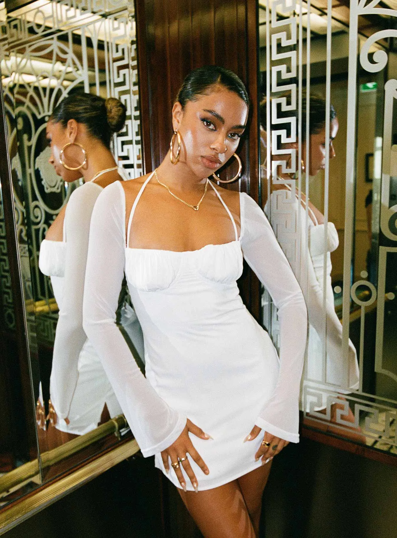 Angle Look Sexy Soul Dyer Sheer Sleeve Mini Dress White