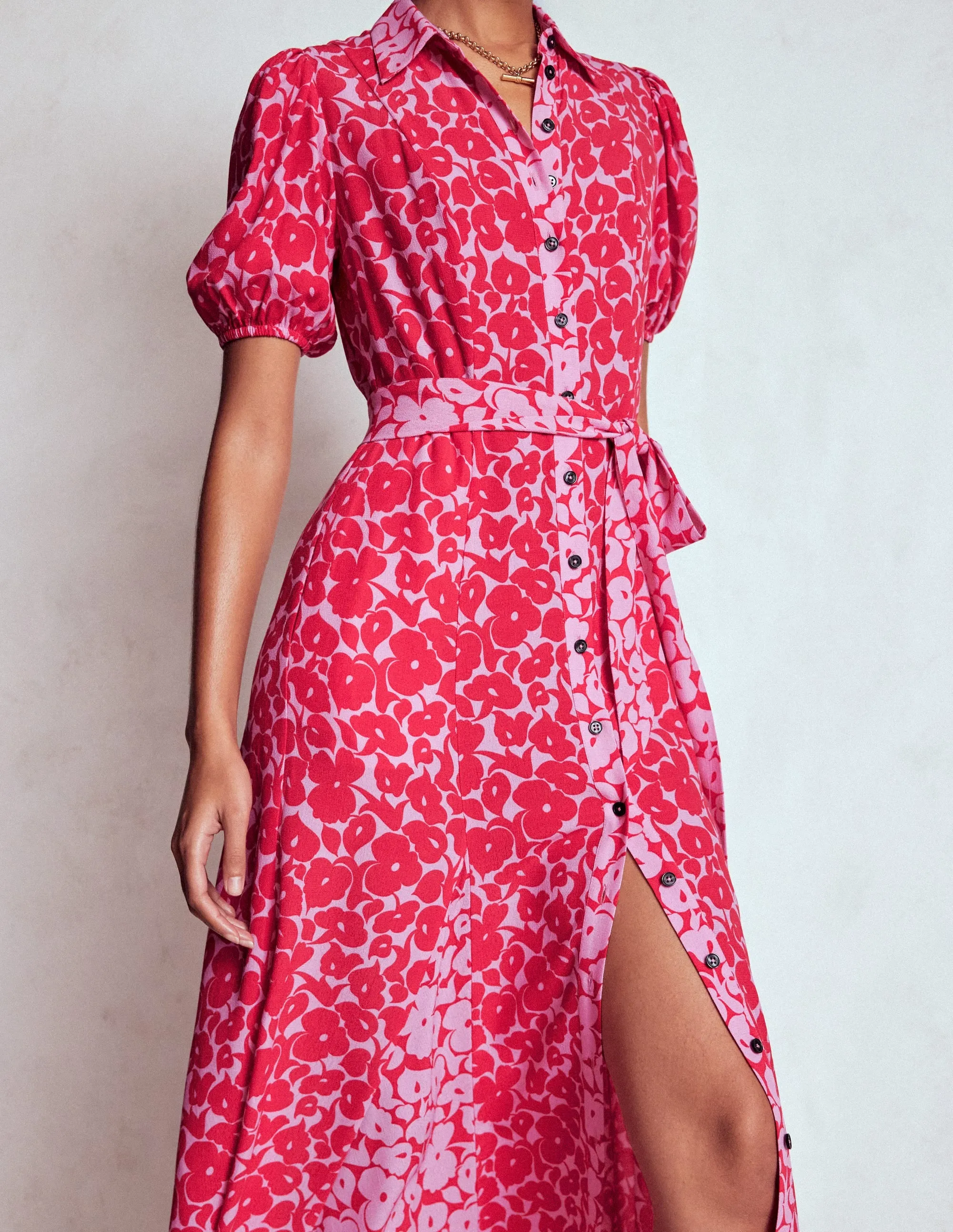 Garden Stroll Alegra Midi Shirt Dress-Jewel Red, Leafy Grove