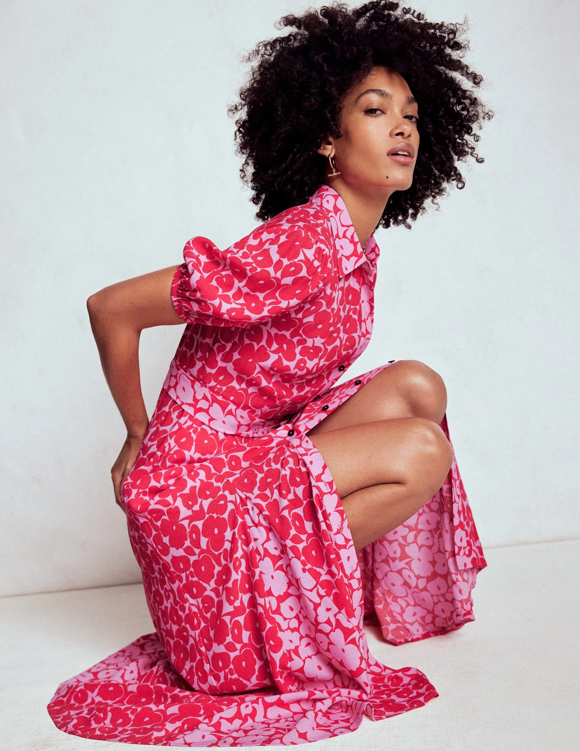 Smart Appearance Sunrise Feel Alegra Midi Shirt Dress-Jewel Red, Leafy Grove