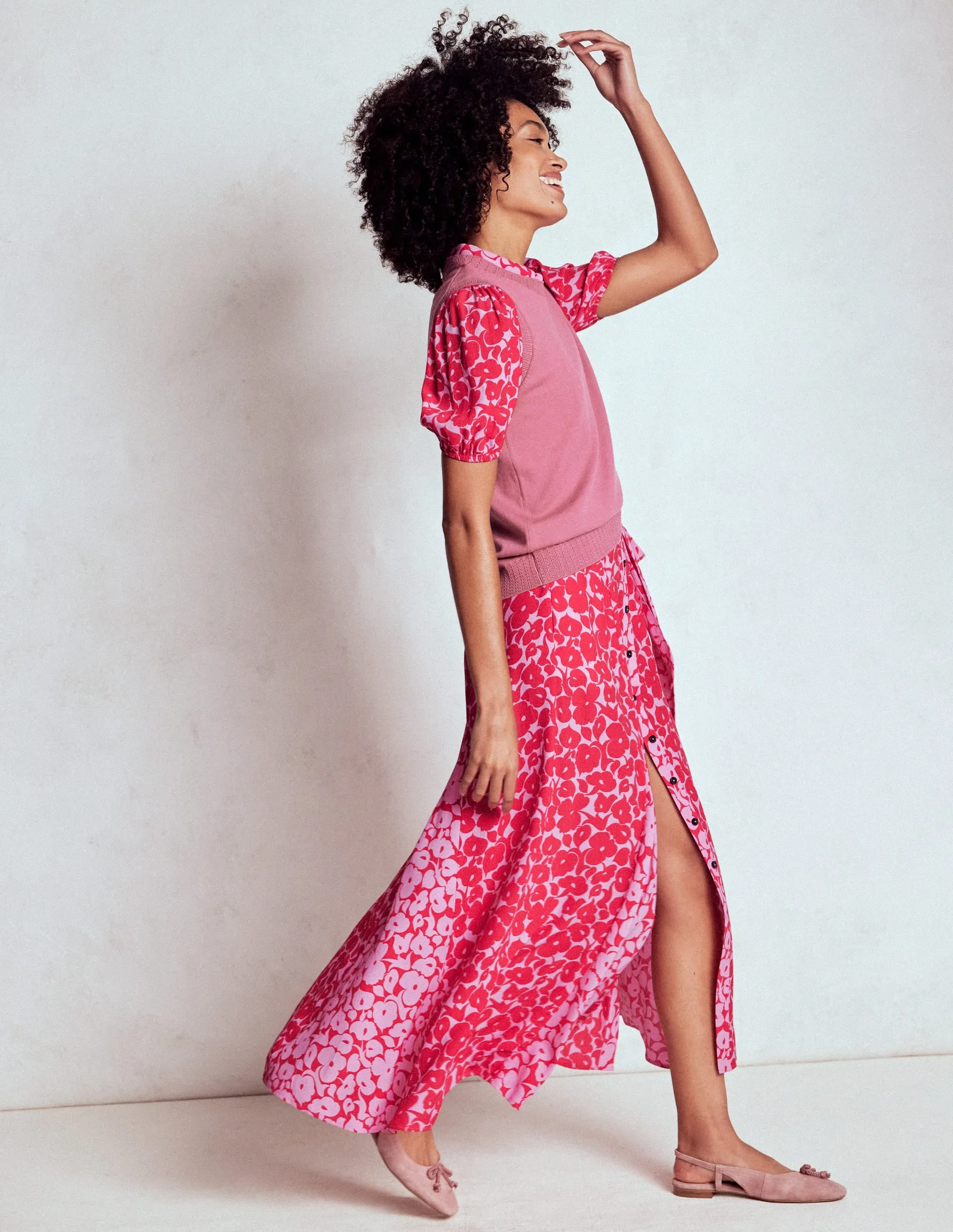 Alegra Midi Shirt Dress-Jewel Red, Leafy Grove Orbit Light