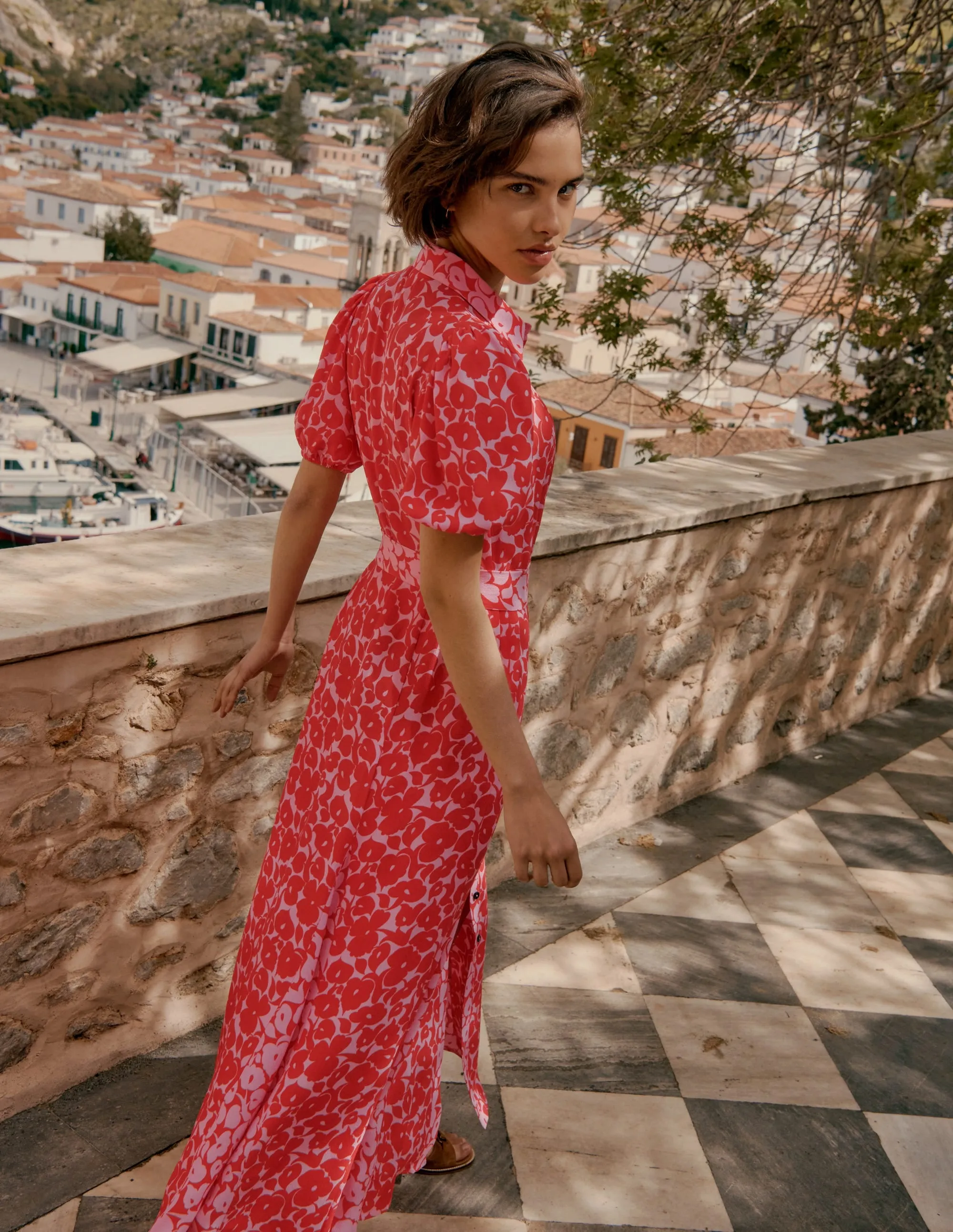 Alegra Midi Shirt Dress-Jewel Red, Leafy Grove Freedom Wear