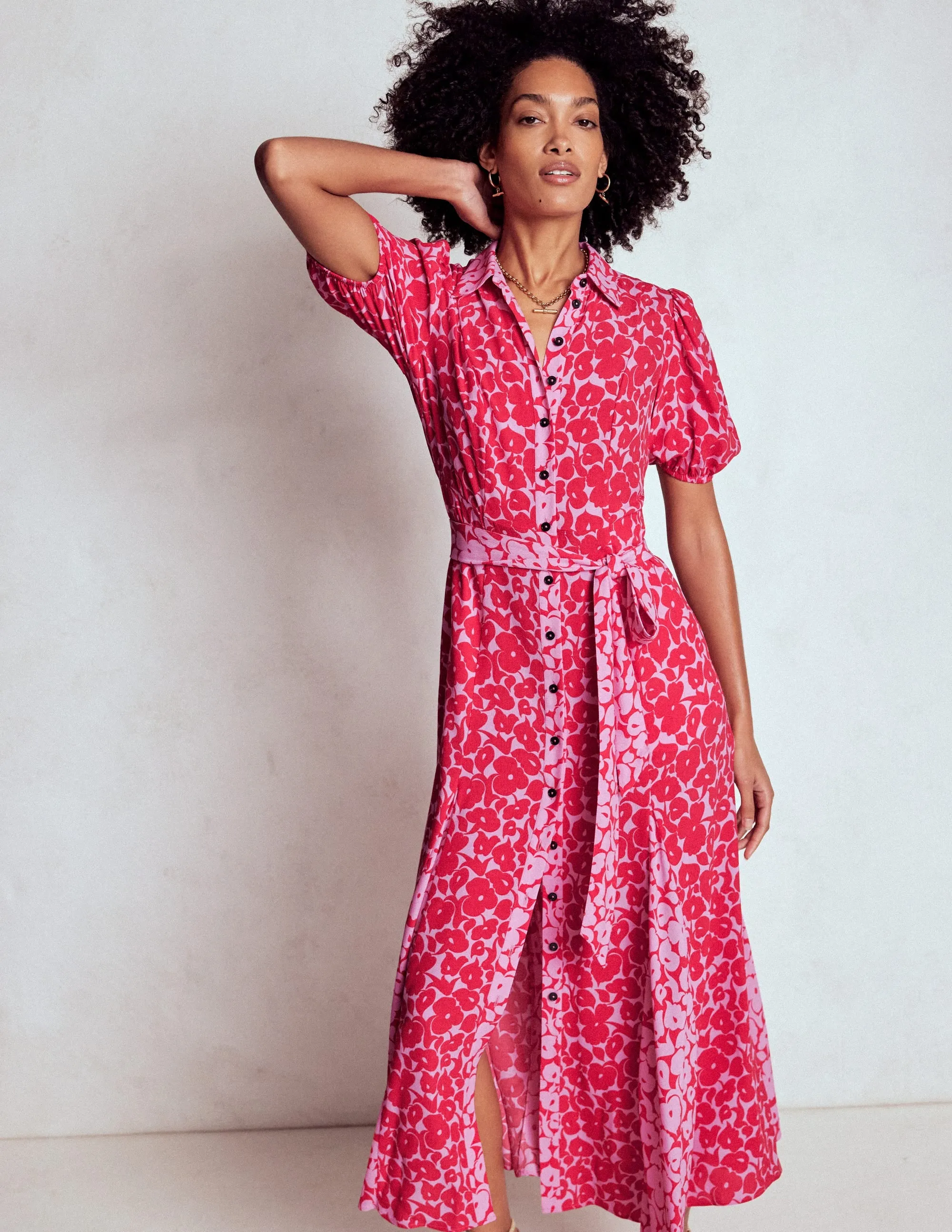 Air Comfort Alegra Midi Shirt Dress-Jewel Red, Leafy Grove