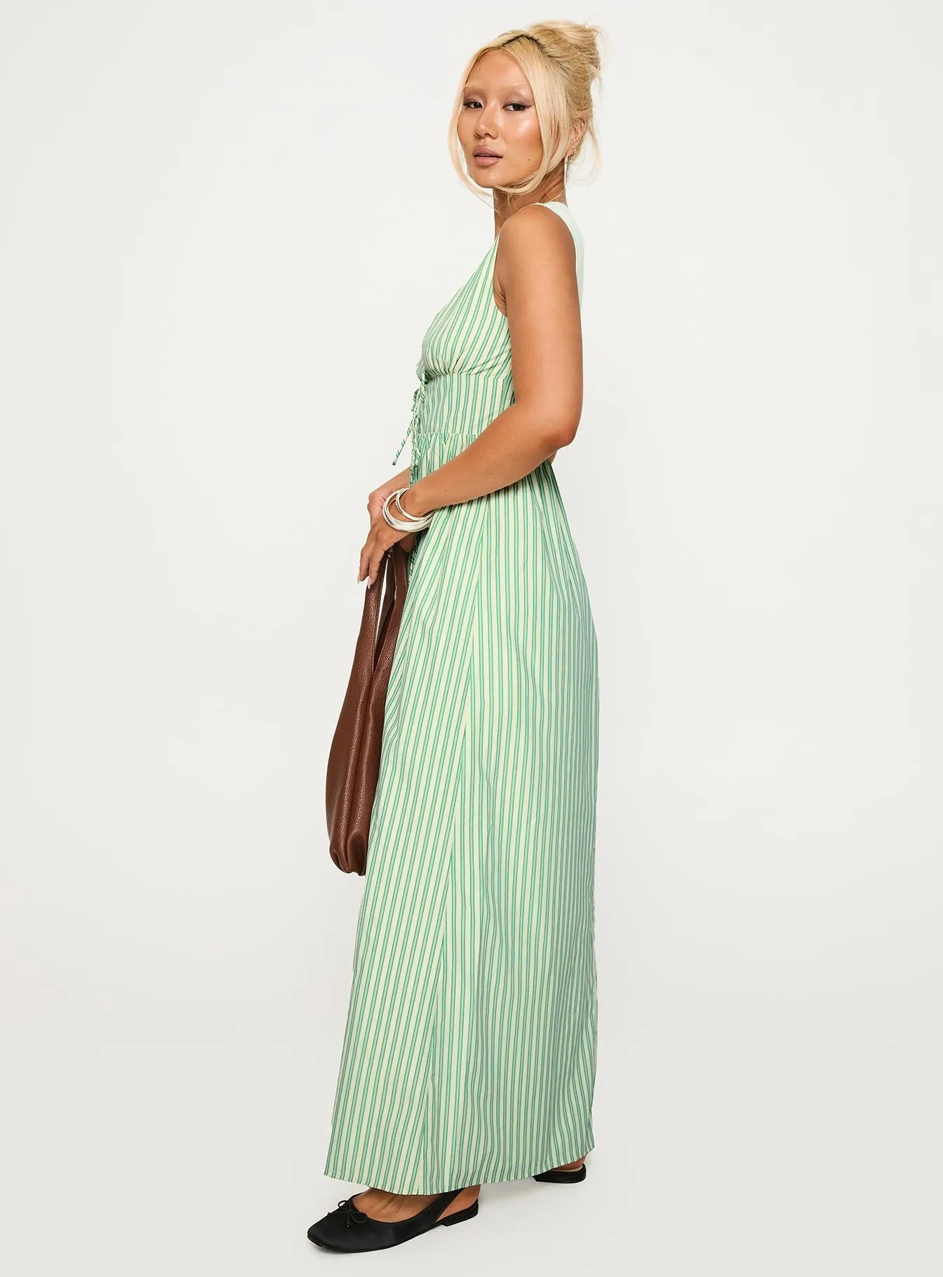 Pokey Maxi Dress Green Stripe Silk Glow Mustard Pop