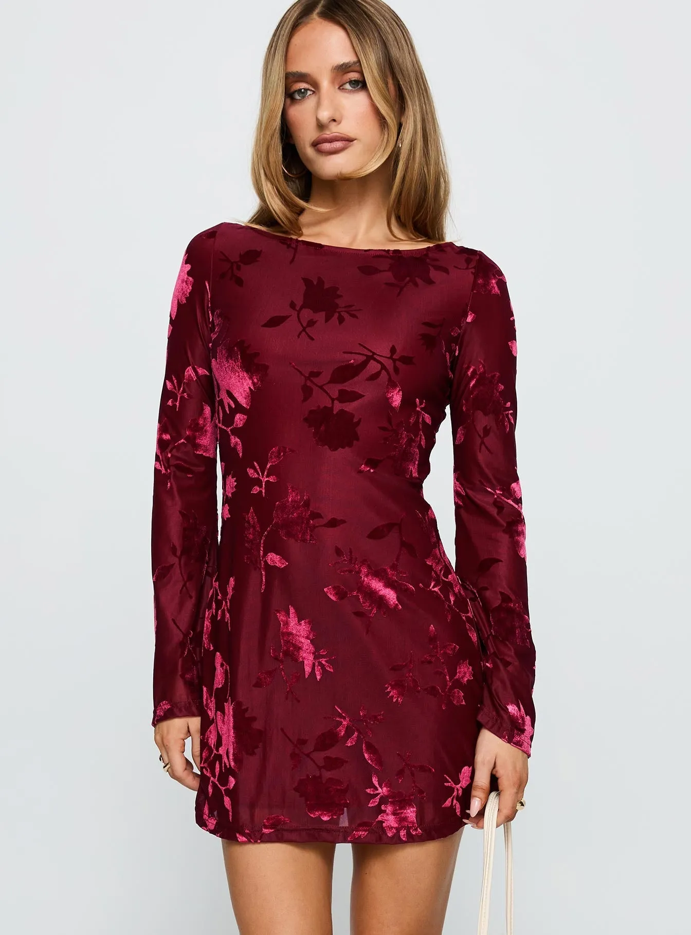 Lukea Long Sleeve Mini Dress Burgundy Burnout Soft-touch summer dress