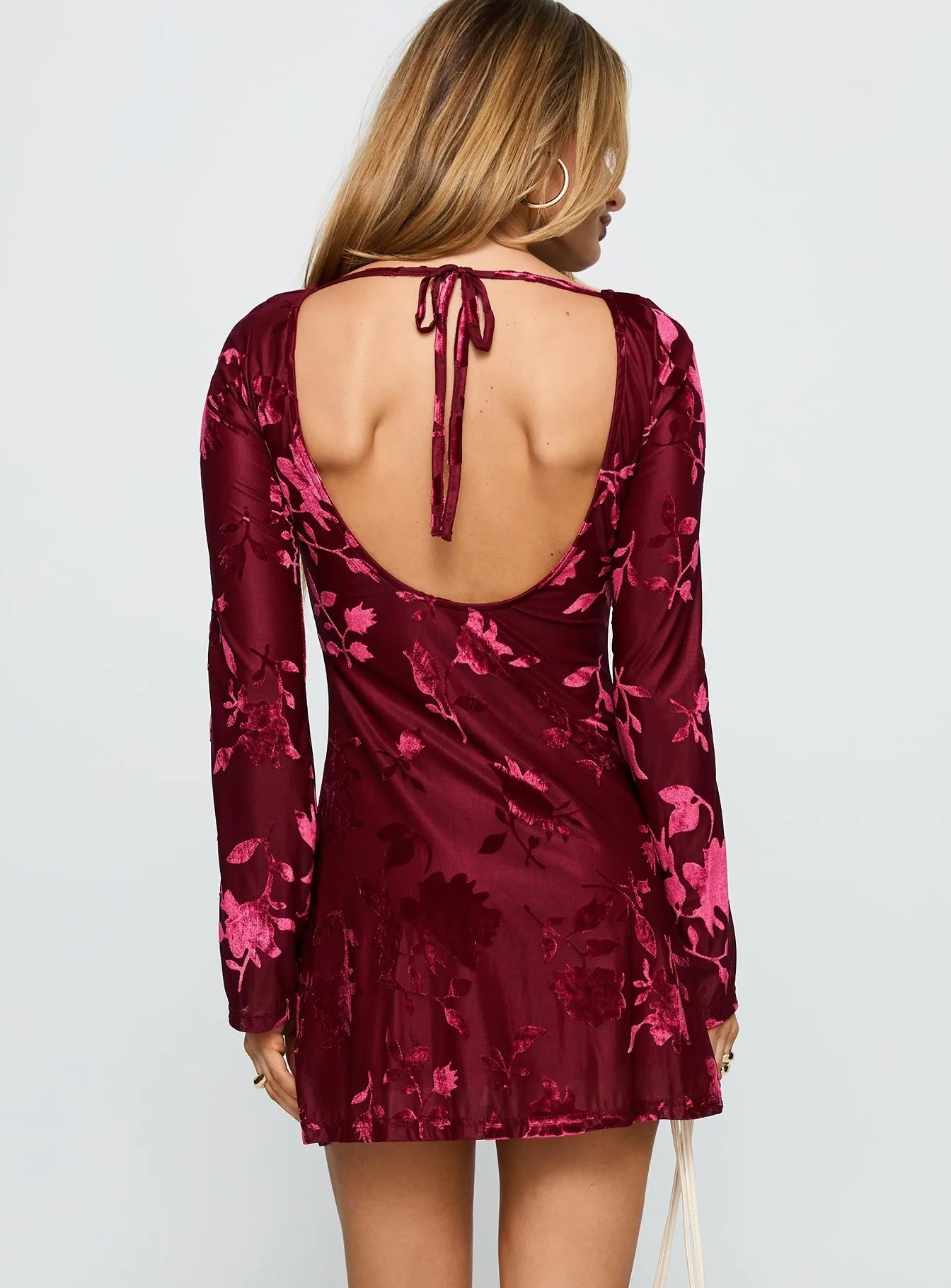 Lukea Long Sleeve Mini Dress Burgundy Burnout Pop Mode Pop Soft
