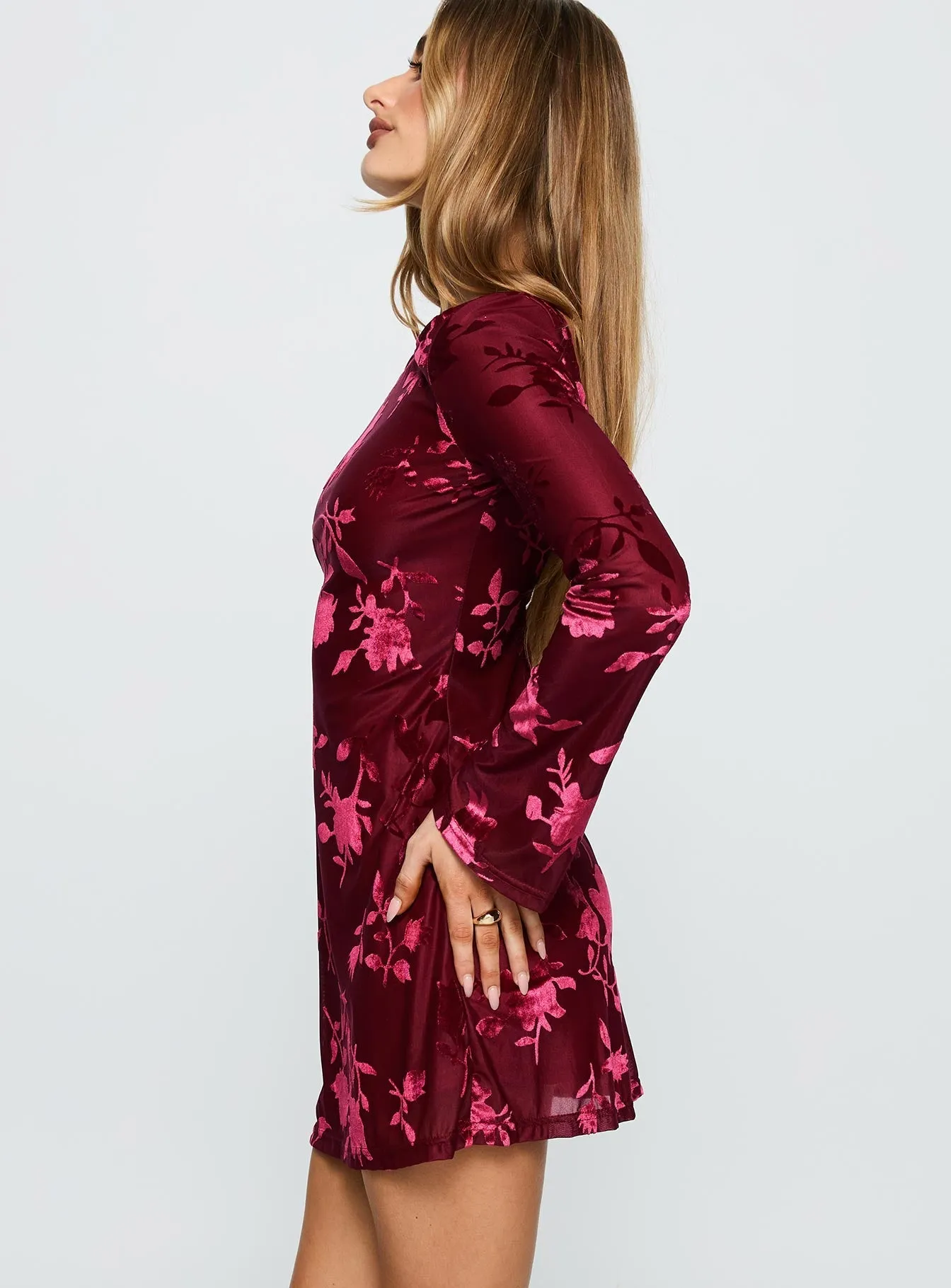 Lukea Long Sleeve Mini Dress Burgundy Burnout Recycled Polyester Material
