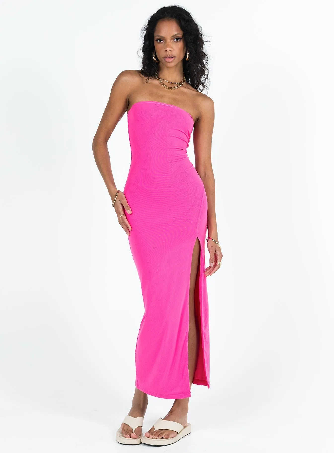 Panama Strapless Maxi Dress Hot Pink Hand Stitch Georgette Glow