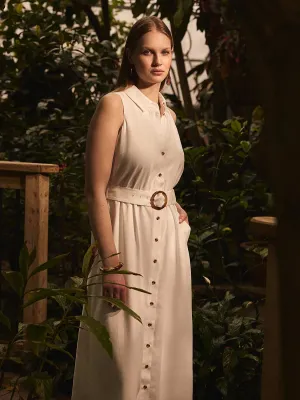 Sleeveless Linen Midi Shirt Dress Cozy Wrap