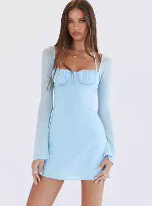 Flexible Waistband Floral Appeal Dyer Sheer Sleeve Mini Dress Baby Blue