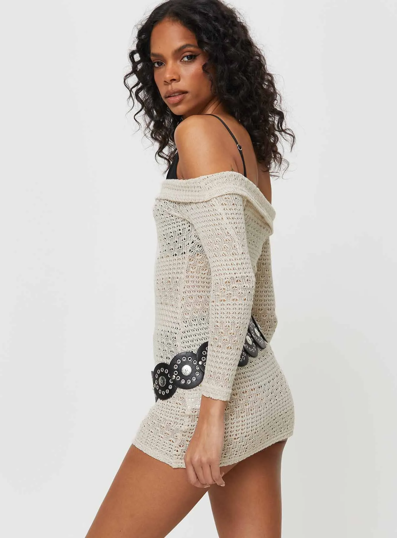 Harrien Off The Shoulder Mini Dress Beige Angle Look
