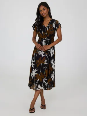 Wood Deck Tropical Print Flutter Sleeve Button-Front Midi Dress