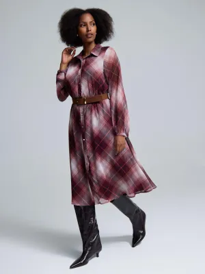 Metallic Plaid Midi Shirt Dress Weekend Ready Trendy Comfort