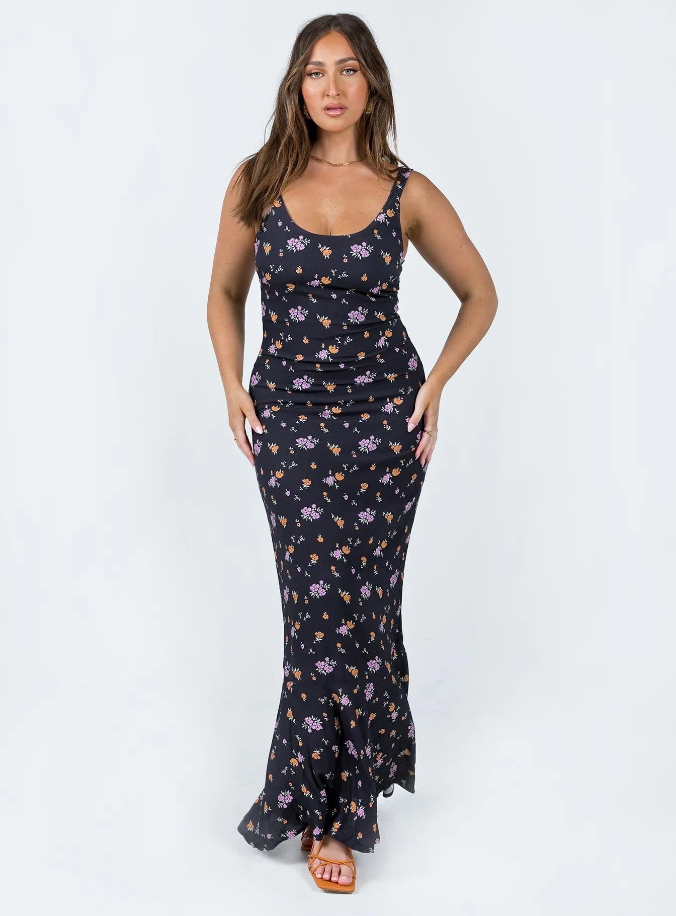 Poplin Smooth feminine grace Curtis Maxi Dress Black / Floral