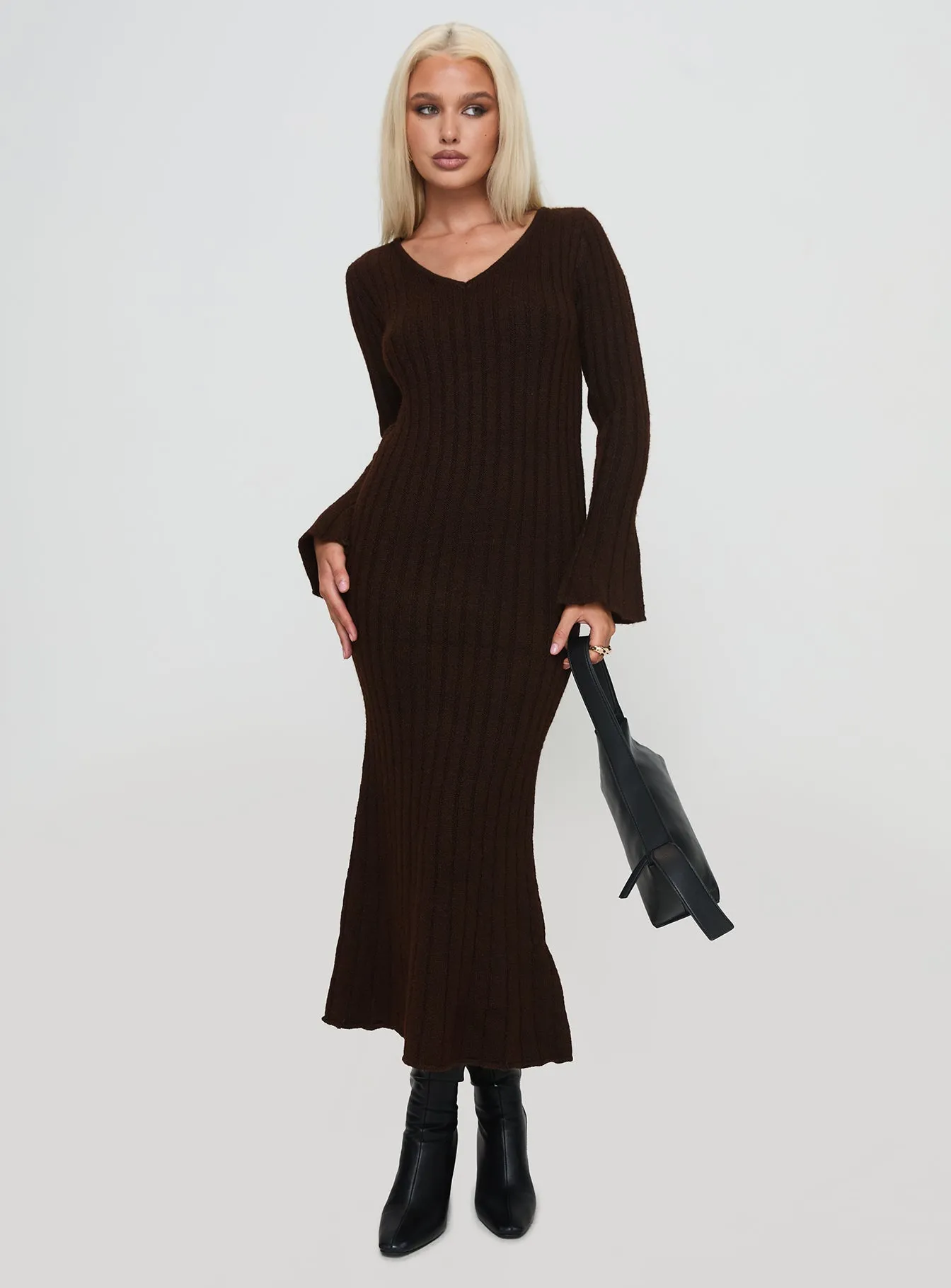 Romantic resort wear Larne Long Sleeve Maxi Dress Chocolate