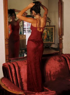 This dress provides a chic and comfortable fit that works for both formal and casual events Water Glow Dynamo Sheer Lace Maxi Dress Red