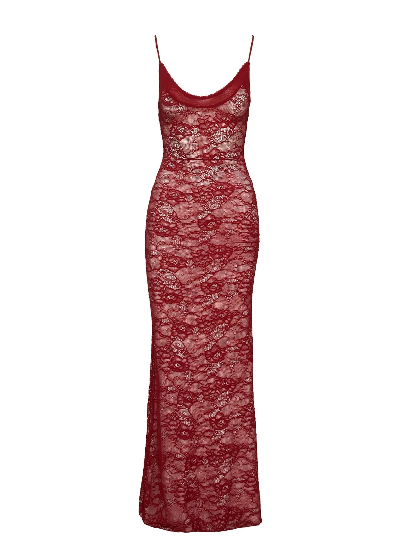 Dynamo Sheer Lace Maxi Dress Red This dress is designed to provide both comfort and style making it the perfect choice for any occasion Sunrise Bay