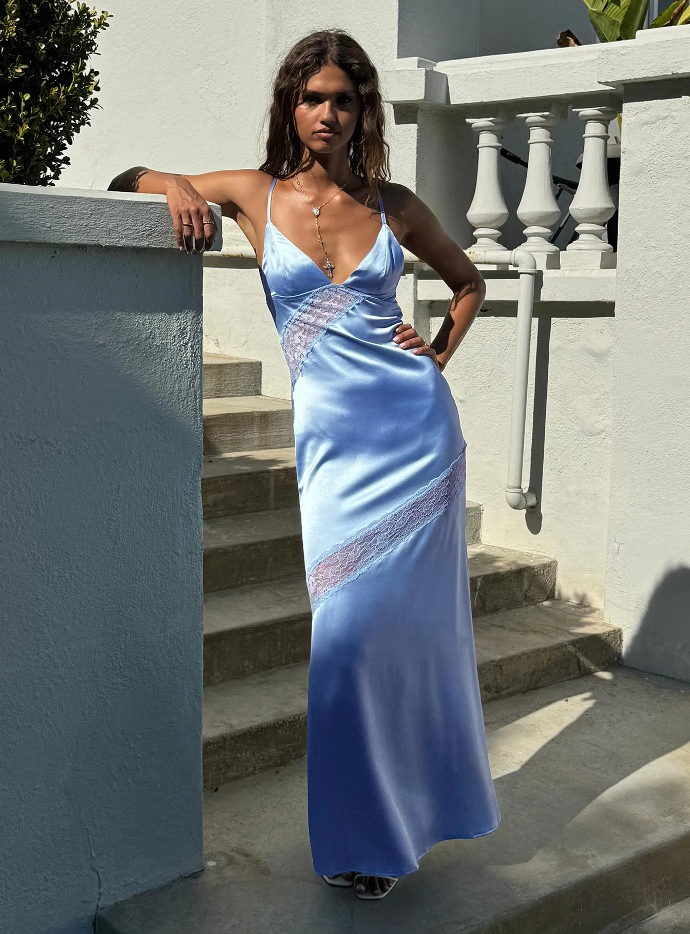On Postcards Tie Split Maxi Dress Blue Elegant dress for evening Onyx Glow