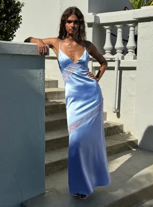 On Postcards Tie Split Maxi Dress Blue Elegant dress for evening Onyx Glow