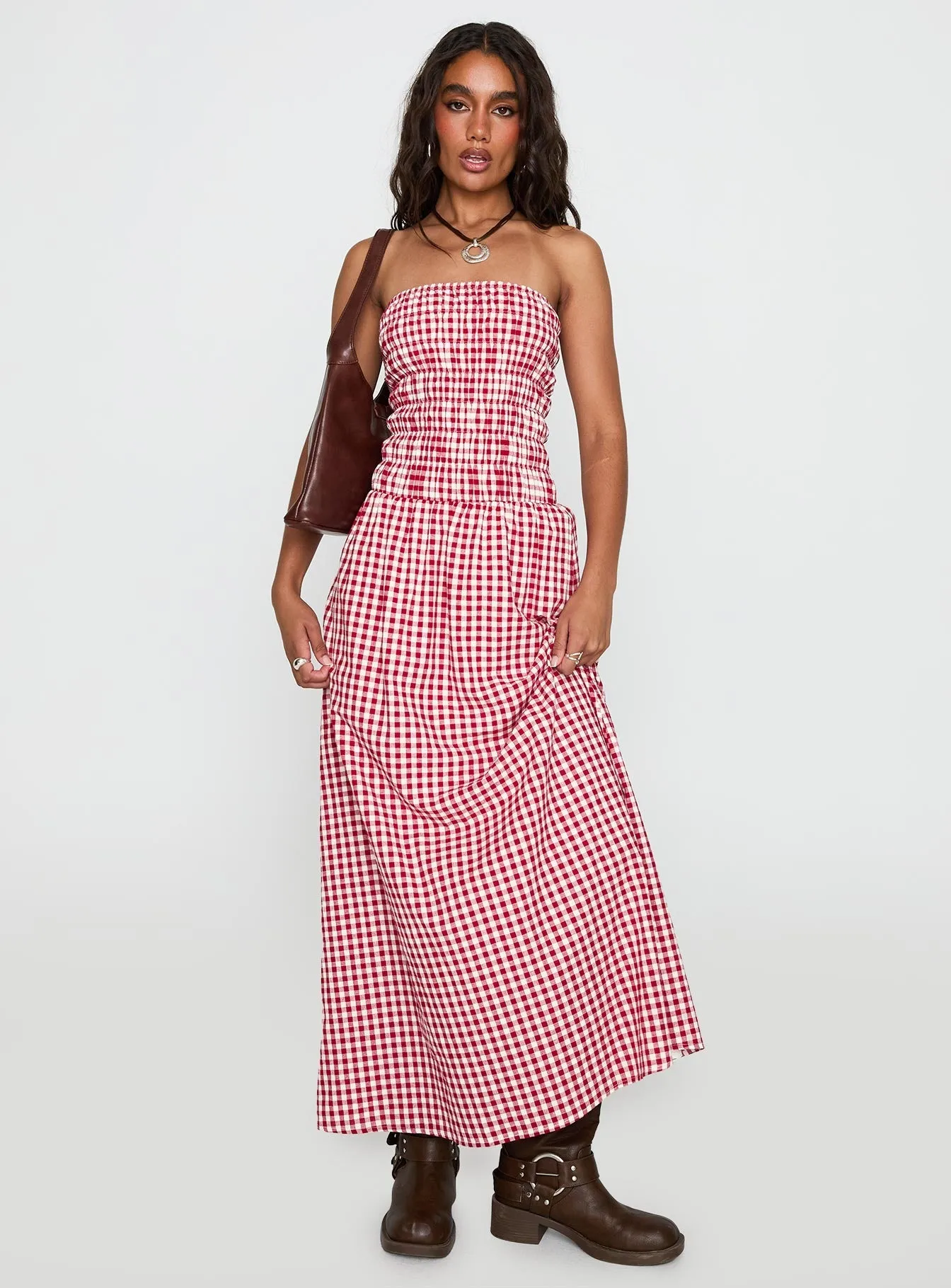 Village Glow Human Nature Strapless Maxi Dress Red Check