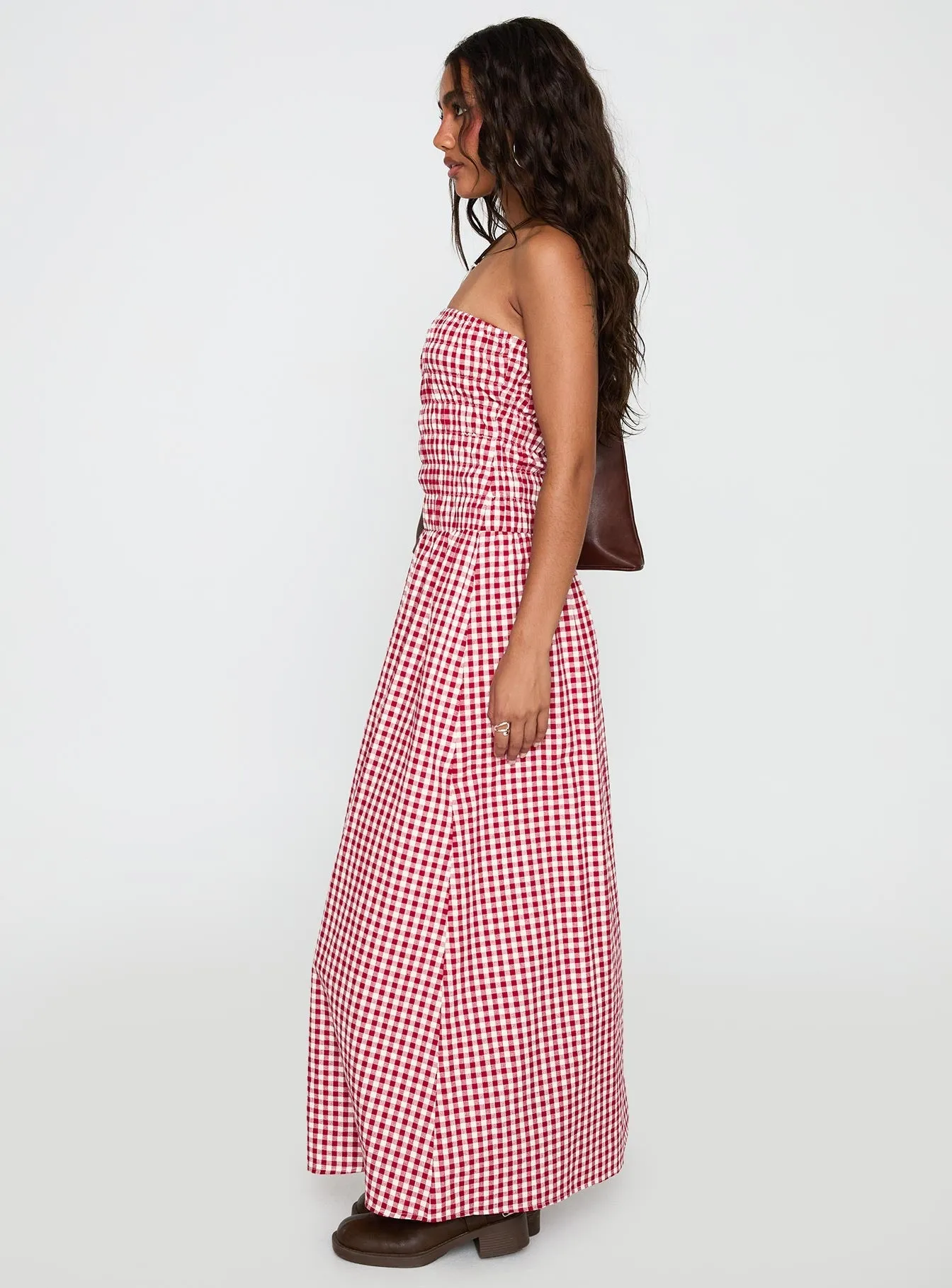 Night Glow Human Nature Strapless Maxi Dress Red Check