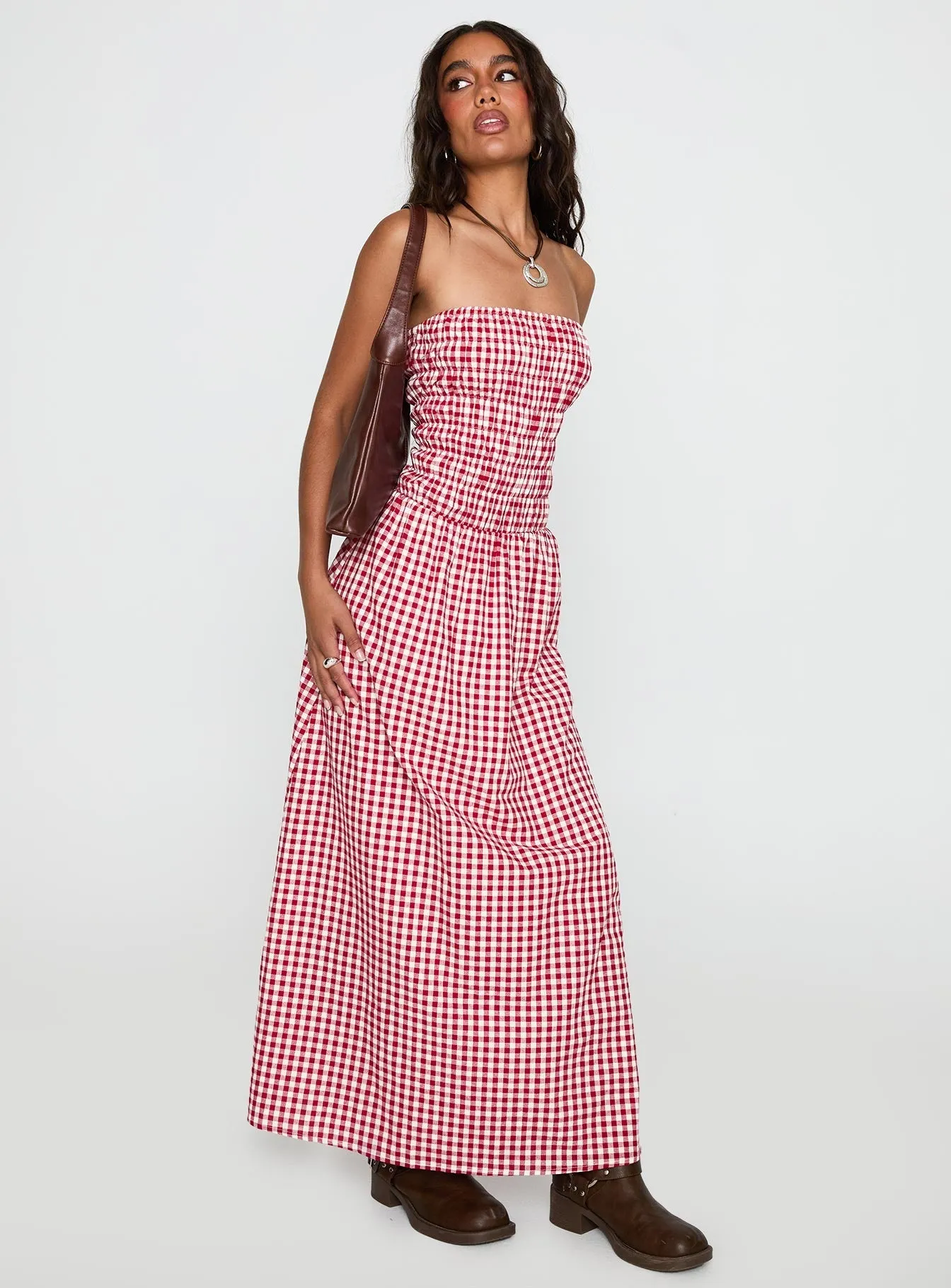Human Nature Strapless Maxi Dress Red Check This maxi dress is designed to be worn season after season due to its timeless appeal