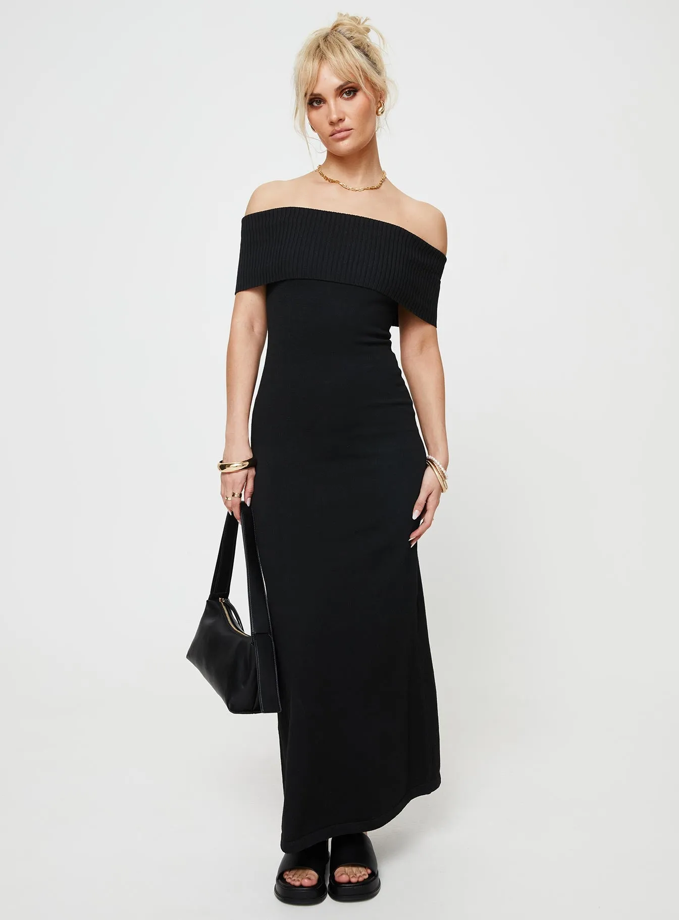 Noon Glow Moonlit Shore Lassey Off The Shoulder Knit Maxi Dress Black