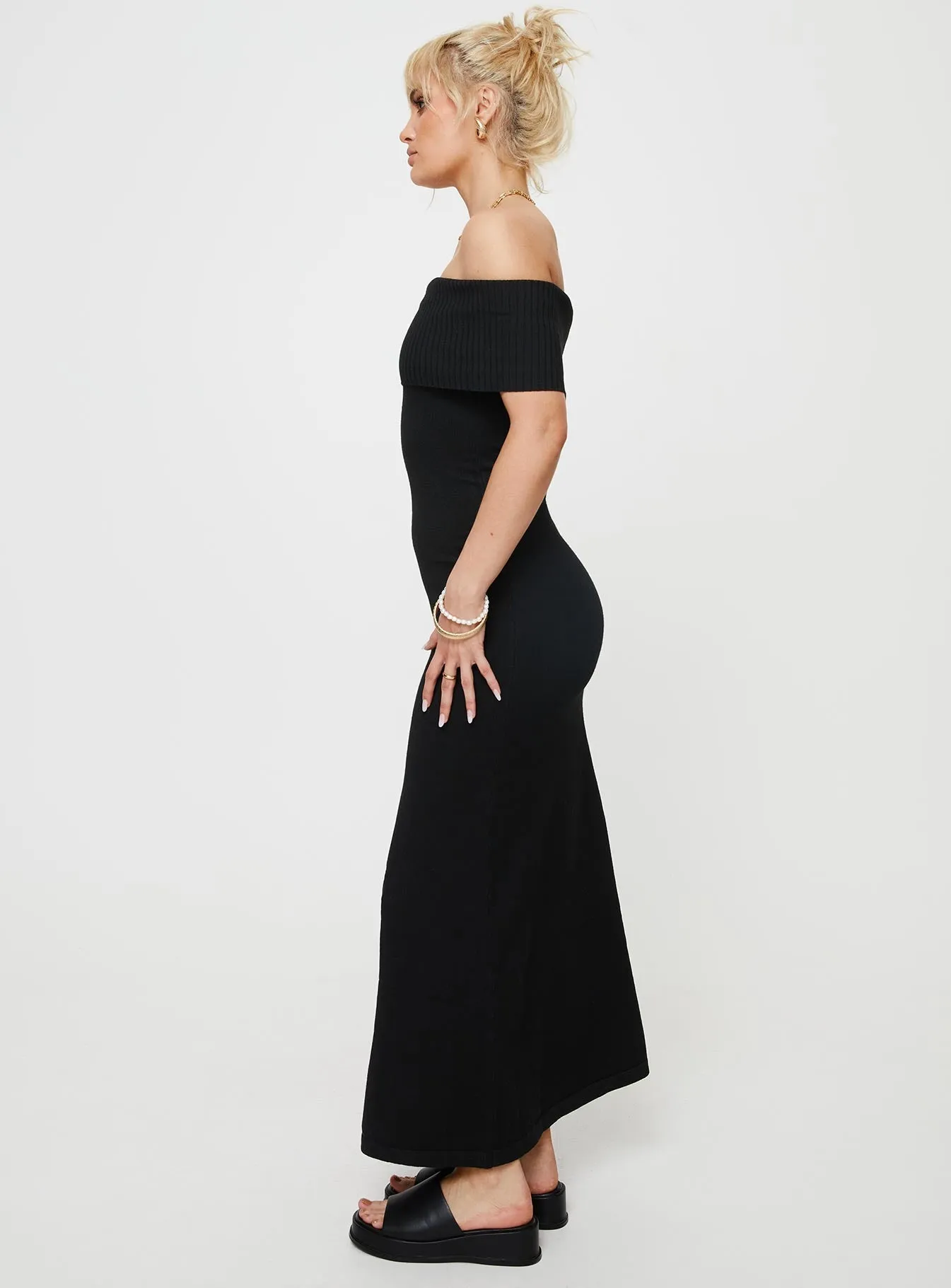 Lassey Off The Shoulder Knit Maxi Dress Black Tiered Skirt embroidery work
