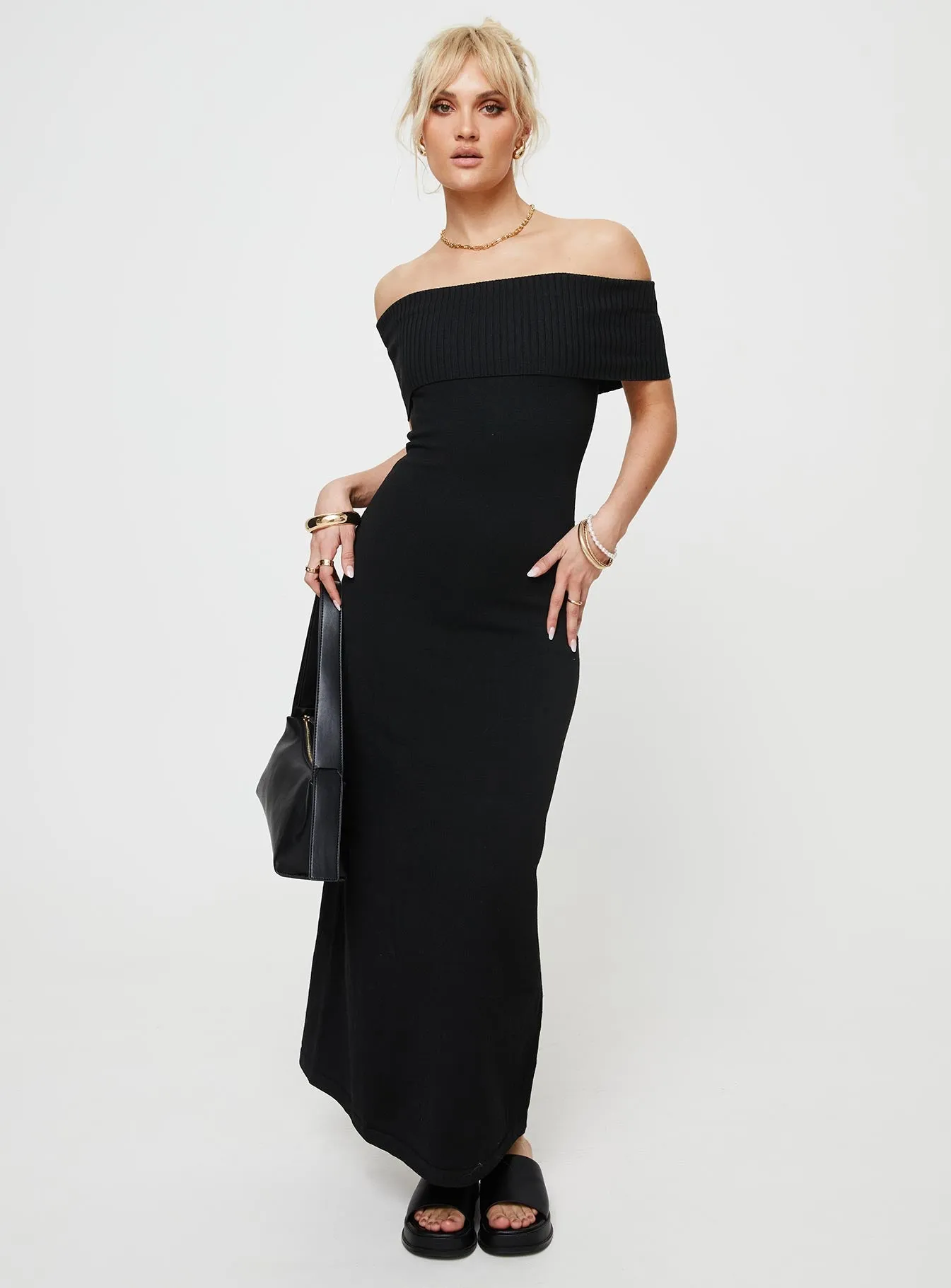 Lassey Off The Shoulder Knit Maxi Dress Black Versatile event attire