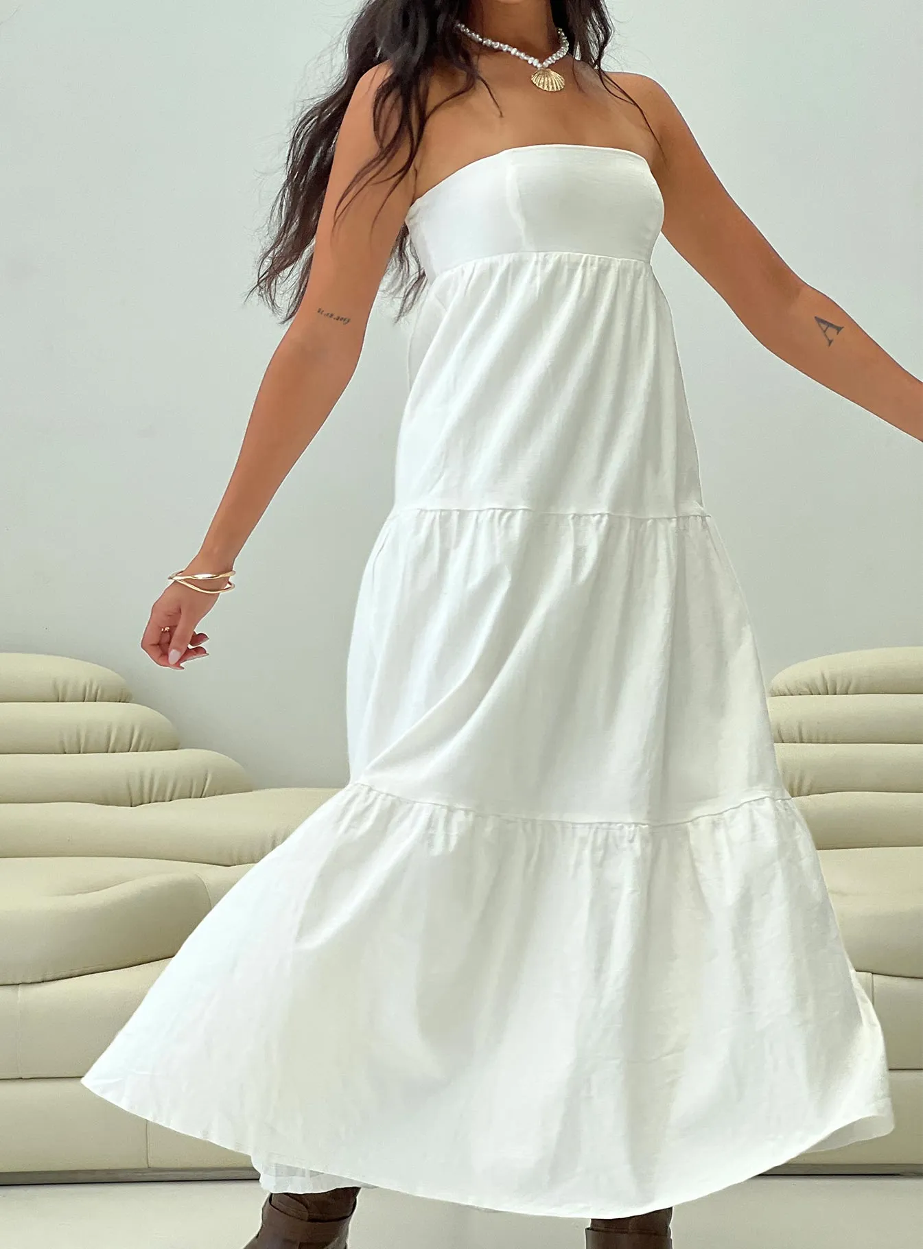 Osment Maxi Dress White Front Button Loose Fit