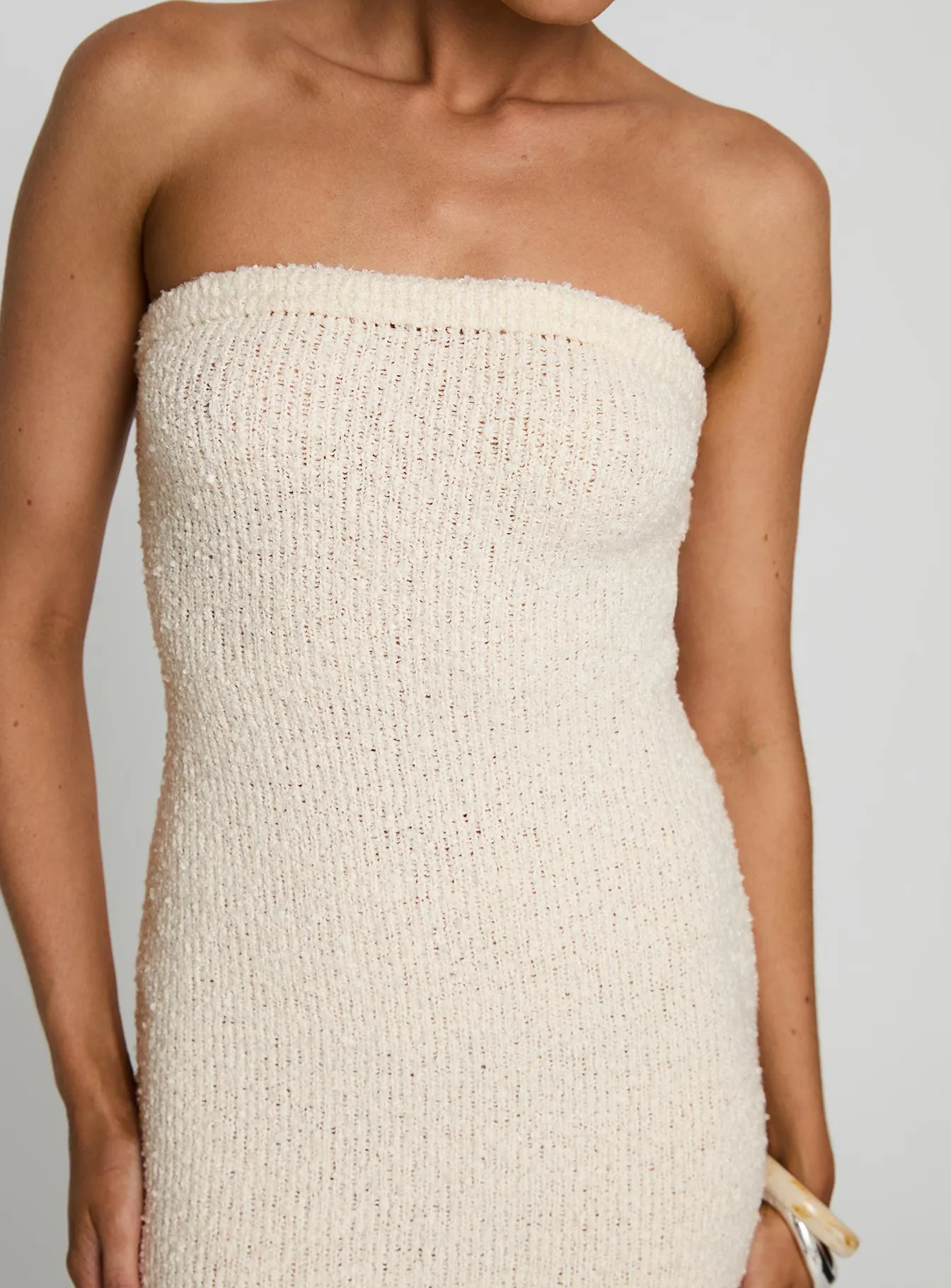 Mermaid Cut Cloud Strapless Boucle Maxi Dress Cream