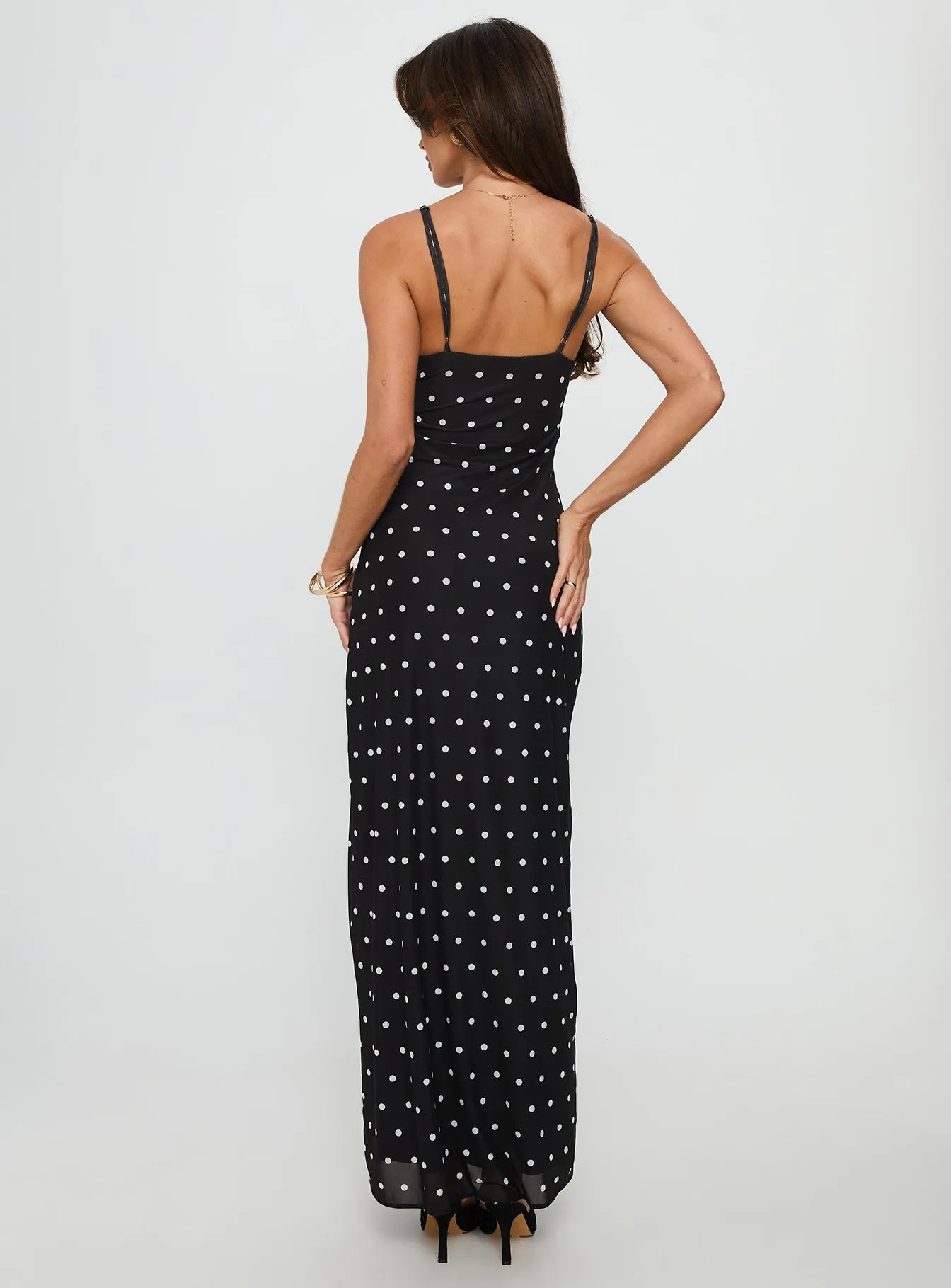 This dress offers an elegant and refined look for any event or casual outing Glass Half Full Mesh Maxi Dress Black Polka