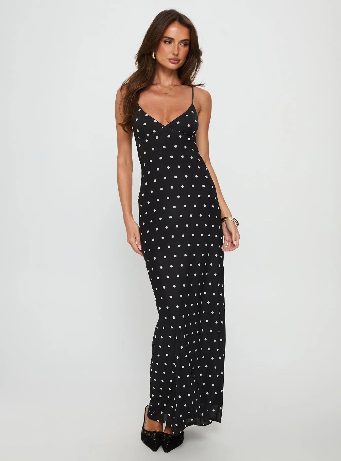 Glass Half Full Mesh Maxi Dress Black Polka The relaxed fit of this maxi dress ensures all-day comfort while maintaining a stylish look Canvas Glow