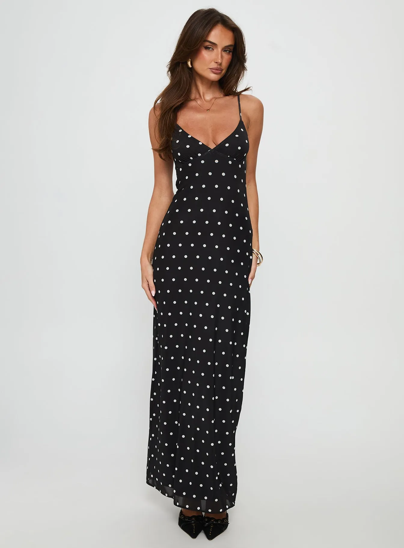 Glass Half Full Mesh Maxi Dress Black Polka Perfect for a day out or a night on the town this dress offers endless styling possibilities Perfect for warmer months this dress provides a light and breezy fit without sacrificing style