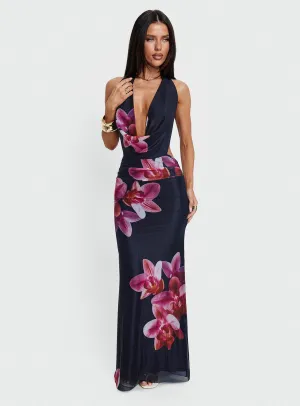 Ivory Glow bohemian flair Tigress Halter Maxi Dress Navy Floral