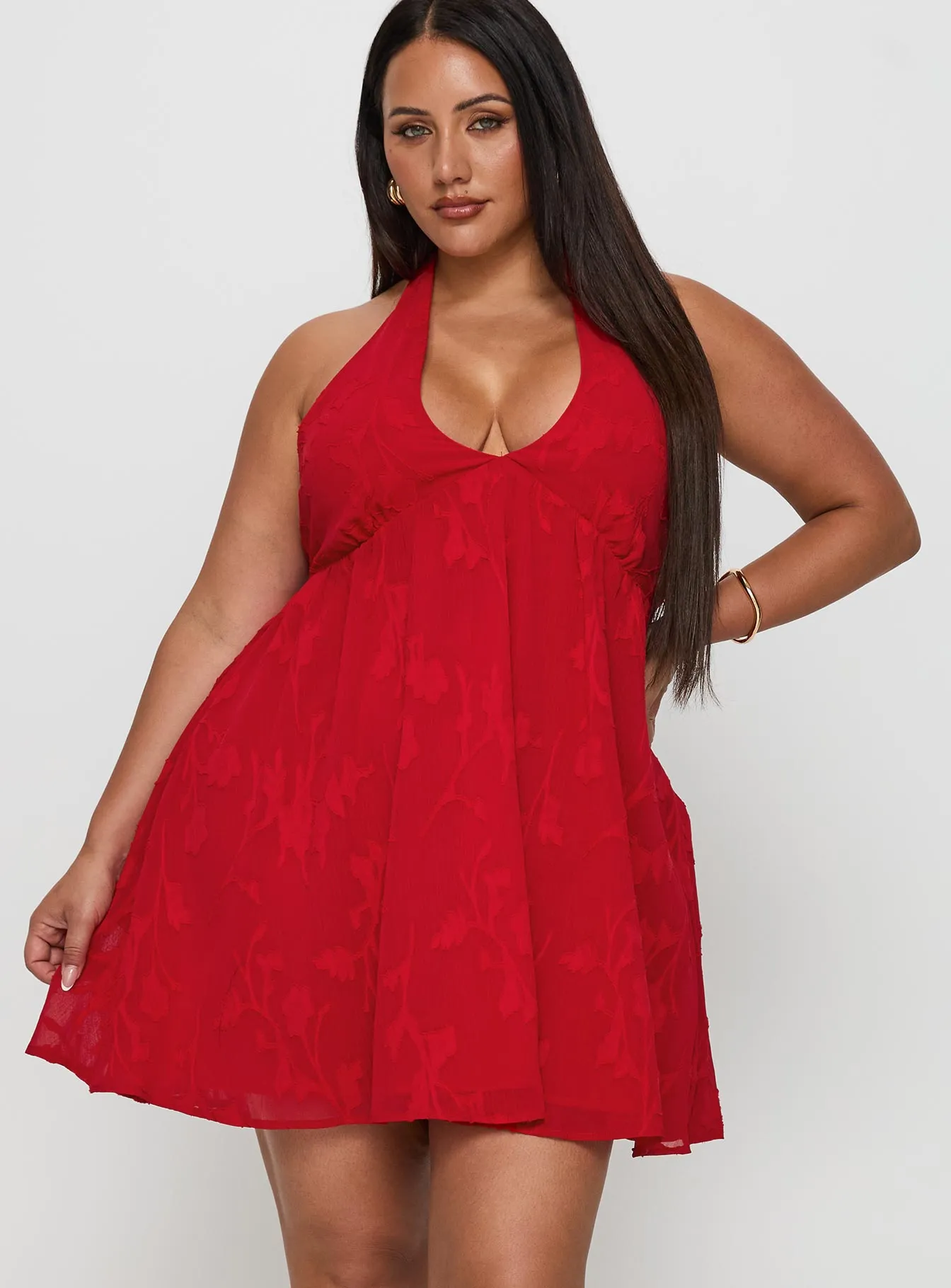 Pop Warm Skin Tint Moriah Halter Mini Dress Red Curve
