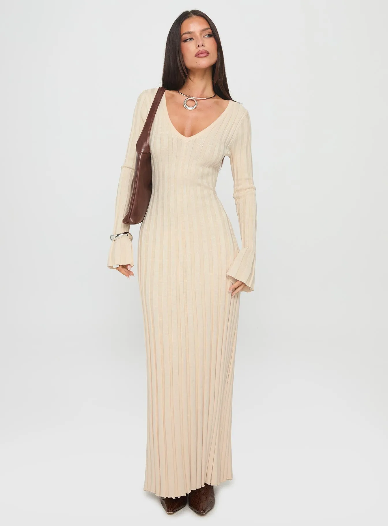 Gratuita Long Sleeve Rib Maxi Dress Cream Feather Soft