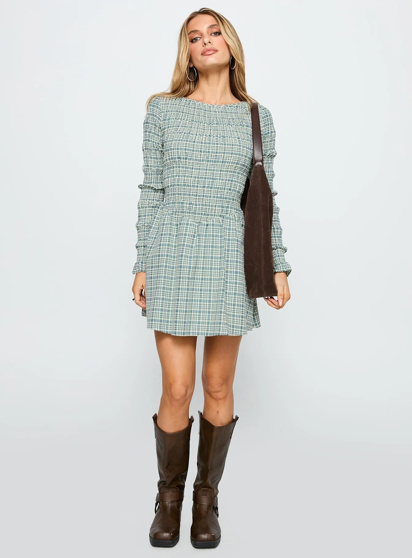 Comfortable party wear Generations Long Sleeve Mini Dress Green Check