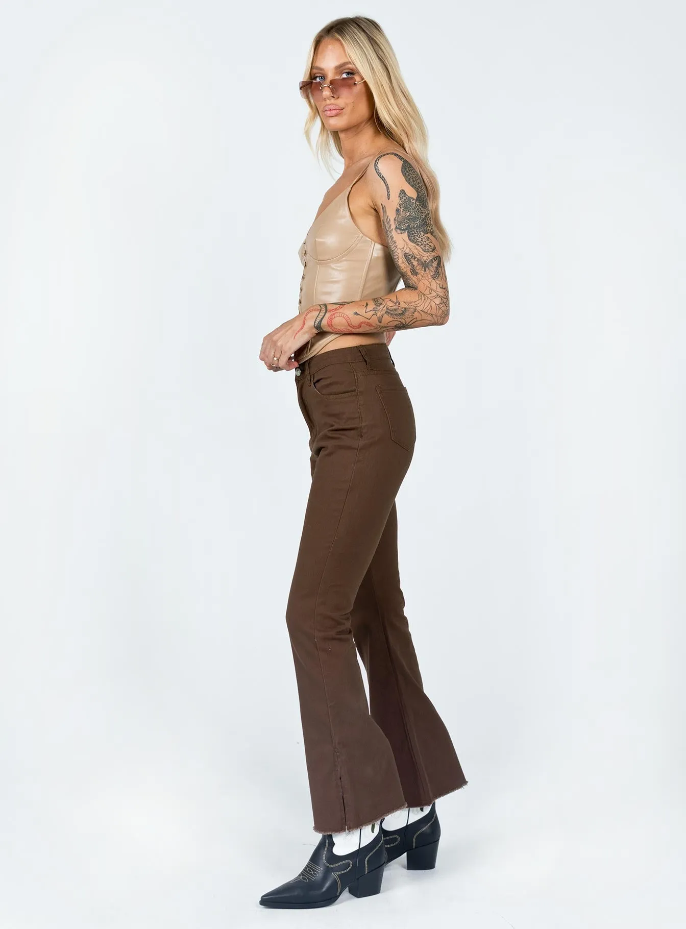 Vintage Inspired Weave Aalia Wide Leg Denim Jeans Brown